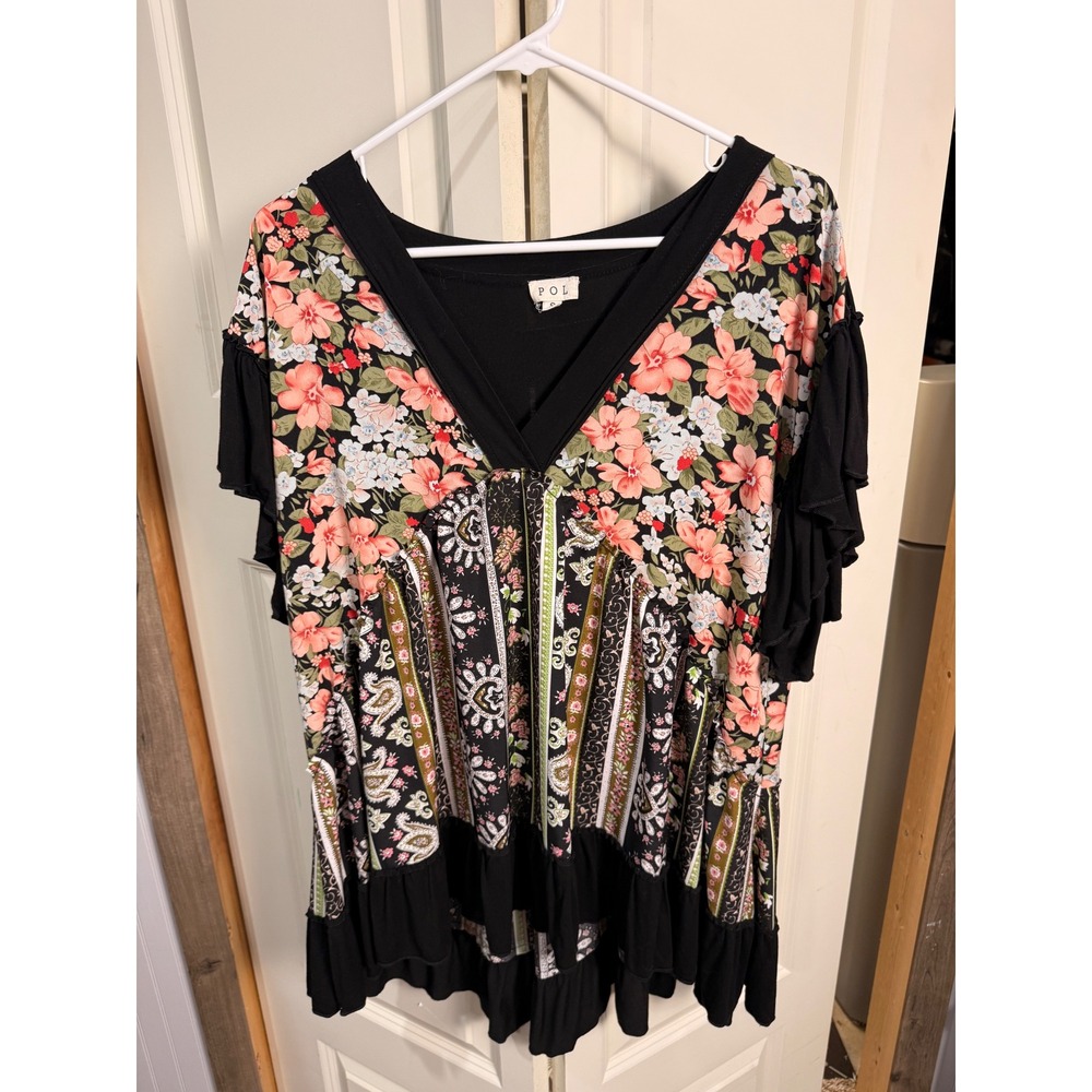 POL Womens Floral Paisley Mixed Print Boho Babydoll Ruffle Sleeve Top Small